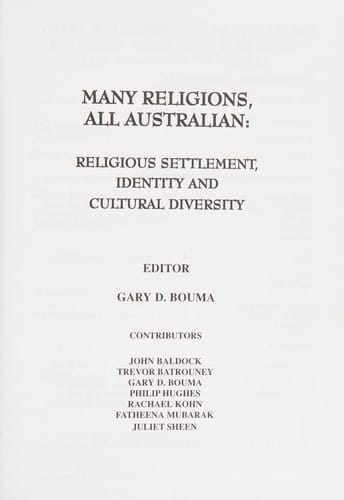 Many religions, all Australian: religious settlement, identity and cultural diversity