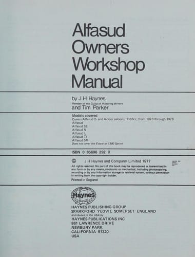 Alfasud Owners Workshop Manual
