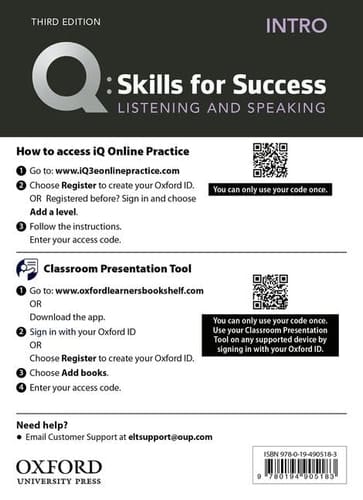 Q3e Intro Listening and Speaking IQ and Classroom Presentation Tool: Teacher Access Code Card Pack
