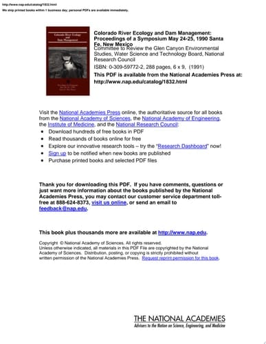 Colorado River Ecology and Dam Management Proceedings of a Symposium May 24-25, 1990 Santa Fe, New Mexico