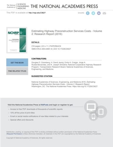 Estimating Highway Preconstruction Services Costs - Volume 2: Research Report