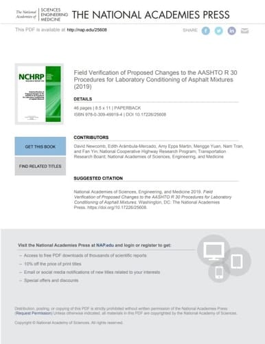 Field Verification of Proposed Changes to the AASHTO R 30 Procedures for Laboratory Conditioning of Asphalt Mixtures