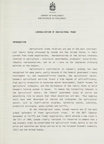 Liberalization of Agricultural Trade