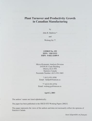 Plant Turnover and Productivity Growth in Canadian Manufacturing