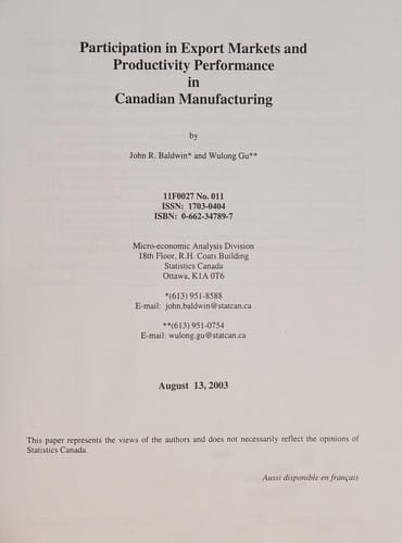 Participation in Export Markets and Productivity Performance in Canadian Manufacturing