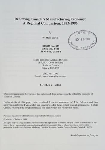 Renewing Canada's Manufacturing Economy A Regional Comparison, 1973-1996
