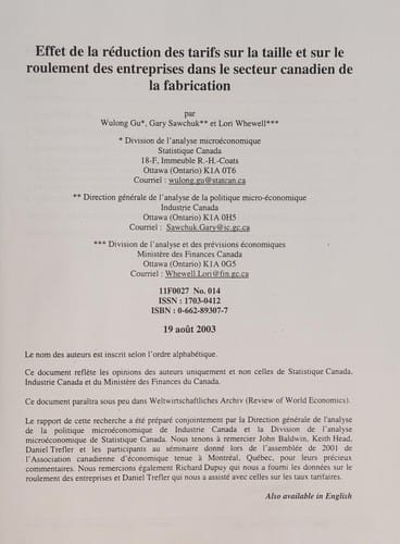 Effet de la réduction des tarifs sur la taille et sur le roulement des entreprises dans le secteur canadien de la fabrication