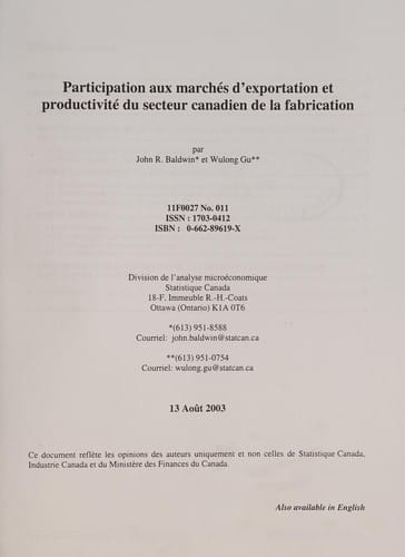 Participation aux marchés d'exportation et productivité du secteur canadien de la fabrication