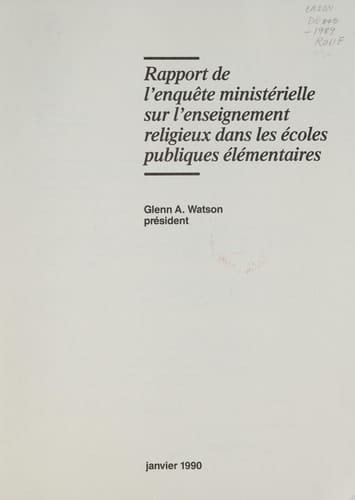 Rapport de l'Enquête ministérielle sur l'enseignement religieux dans les écoles publiques élémentaires