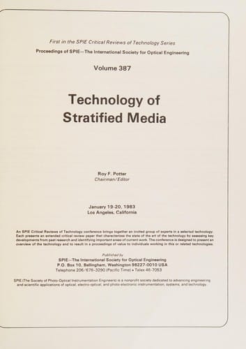 Technology of Stratified Media: January 19-20, 1983, Los Angeles, California (Proceedings of S P I E)