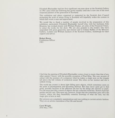 Elizabeth Blackadder: A Scottish Arts Council Exhibition, 1981