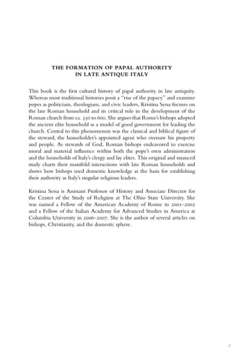 The Formation of Papal Authority in Late Antique Italy Roman Bishops and the Domestic Sphere