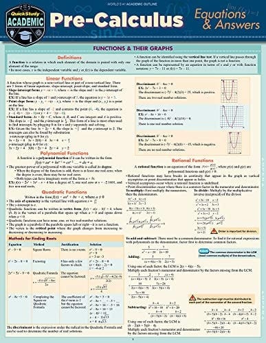 Pre-Calculus Equations and Answers A QuickStudy Laminated Reference Guide