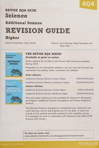 Revise AQA GCSE Additional Science Revision guide. Higher