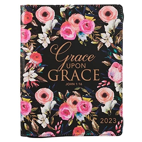 Christian Art Gifts 2023 - 18-Month Women's Faux Leather Personal Planner with Zipper Closure: Grace Upon Grace - John 1:16 Inspirational Bible Verse, Aug 2022-Jan 2024, Multicolored Floral, Large