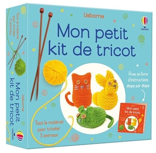 Mon petit kit de tricot Coffret avec des aiguilles à tricoter, 3 pelotes de laine, du rembourrage, 2 aiguilles à coudre, 6 boutons en bois, du fil