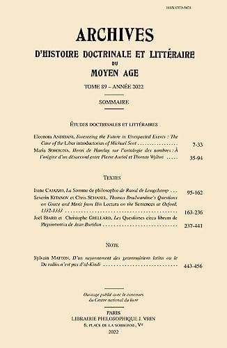 Archives d'Histoire Litteraire Et Doctrinale Du Moyen Age LXXXIX - 2022