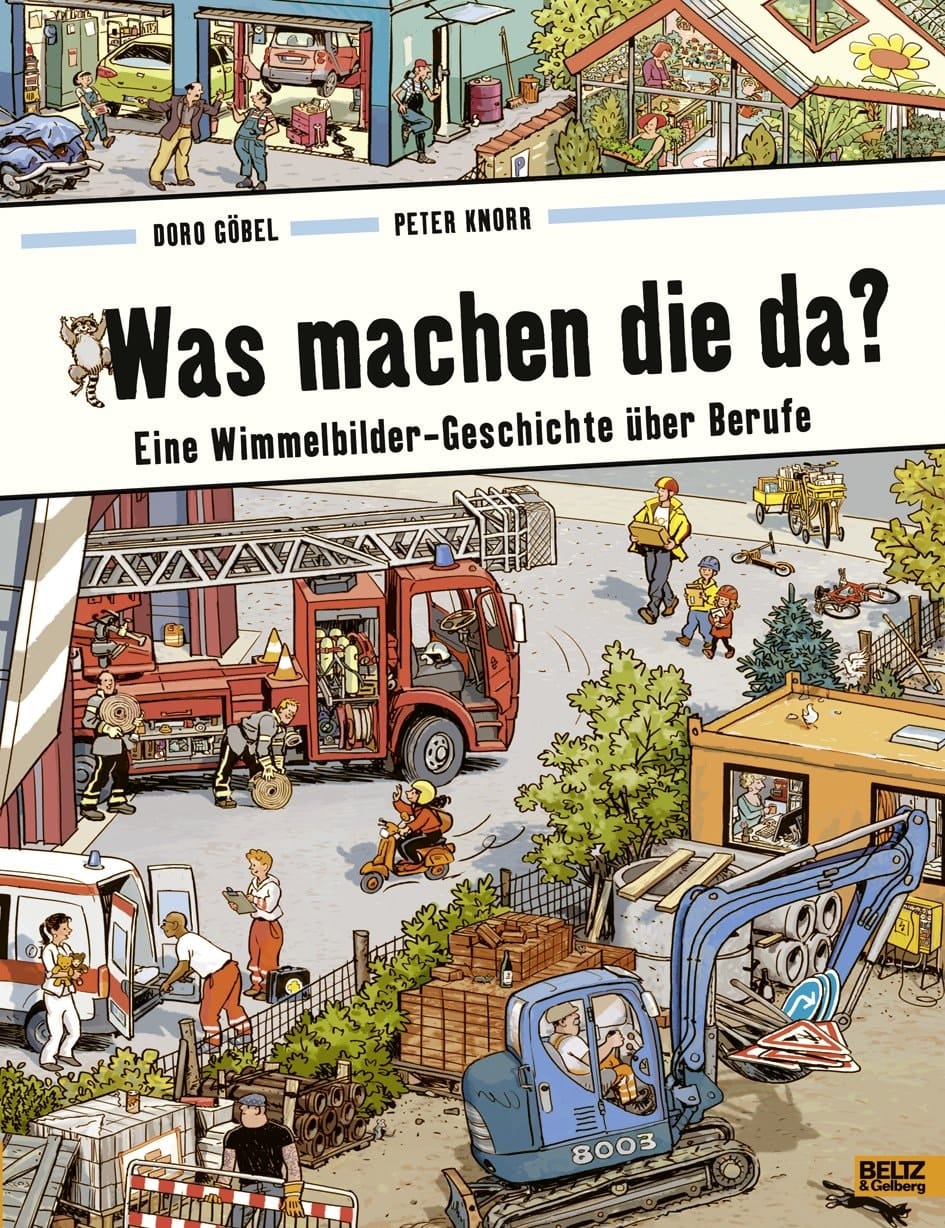 Was machen die da? Eine Wimmelbilder-Geschichte über Berufe. Vierfarbiges Papp-Bilderbuch