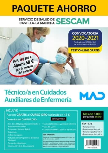 Paquete Ahorro y Test online GRATIS Técnico en Cuidados Auxiliares de Enfermería del Servicio de Salud de Castilla-La Mancha (SESCAM). Ahorra 58 € ... gratis a Curso Oro con 3000 preguntas test)