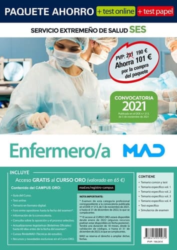 Paquete Ahorro + TEST PAPEL Enfermero/a Servicio Extremeño de Salud. Ahorra 101 € (incluye Temario común y test; Temarios específicos volúmenes 1, 2, ... examen; y acceso Curso Oro con test online)