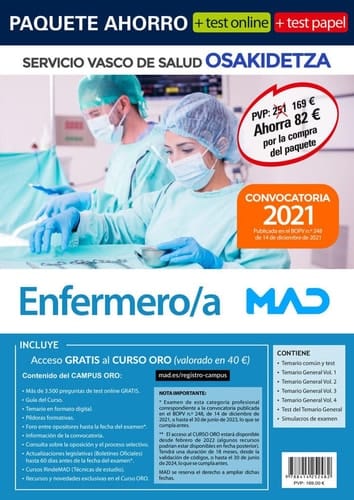 Paquete Ahorro + TEST PAPEL Enfermero/a Osakidetza. Ahorra 82 € (incluye Temario común y test; Temario General volúmenes 1, 2, 3 y 4; Test temario ... examen; y acceso Curso Oro con test online)