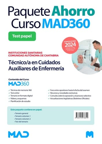 Oposiciones Técnico/a en Cuidados Auxiliares de Enfermería de Instituciones Sanitarias de la Comunidad Autónoma de Cantabria. Paquete Ahorro de Libros y Curso MAD360