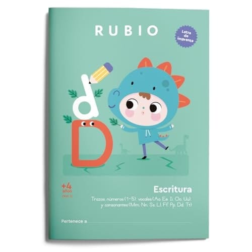 Escritura con letra de imprenta (+4 años). Vol. 1: Trazos, números (1-5), vocales (Aa, Ee, Ii, Oo, Uu) y consonantes (Mm, Nn, Ss, Ll, Ff, Pp, Dd, Tt)