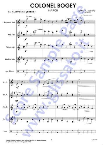 Bb Tenor Sax part of "Colonel Bogey" for Saxophone Quartet March