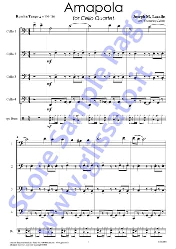 Optional Drum part of "Amapola" for Cello Quartet Tango/Rhumba