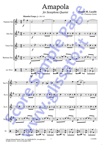 Bb Tenor Sax part of "Amapola" for Saxophone Quartet Tango/Rhumba