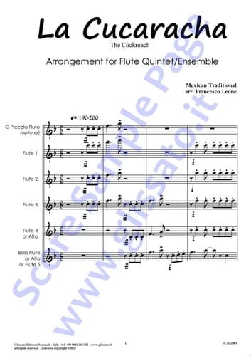 Alto Flute (instead C Flute 4) part of "La Cucaracha" for Flute Quintet/Ensemble The Cockroach