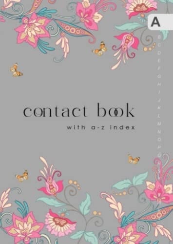 Contact Book with A-Z Index: B6 Small Address Telephone Notebook | Alphabetical Sections | Vintage Fantasy Floral Butterfly Design Gray