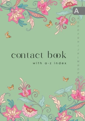 Contact Book with A-Z Index: B6 Small Address Telephone Notebook | Alphabetical Sections | Vintage Fantasy Floral Butterfly Design Green