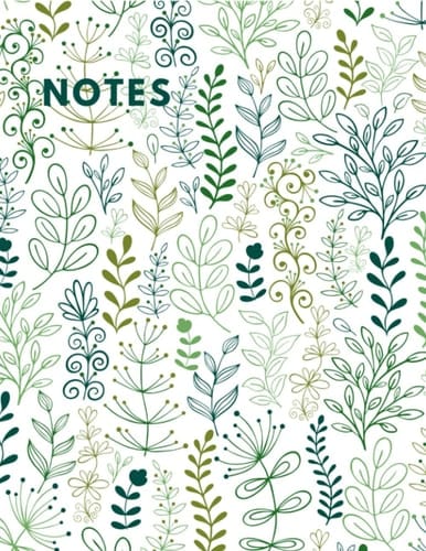 Floral leaf pattern design notebook. Use for journaling, lists, organisation, notes, stories. 8.5x11 inch. 120 pages. Wide ruled.