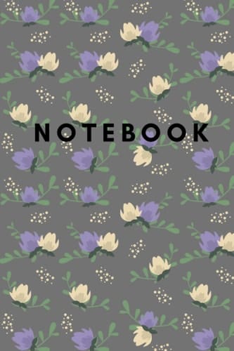 Notebook: Cute girly purple flowers on a grey background notebook
