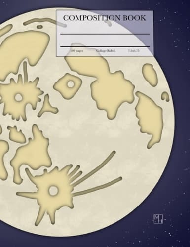 Composition Book: Moon and Rocket on Dark Sky Background, College-Ruled, 100 Pages, 7.5 X 9.75"