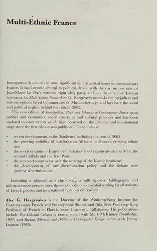 MULTI-ETHNIC FRANCE: IMMIGRATION, POLITICS, CULTURE AND SOCIETY