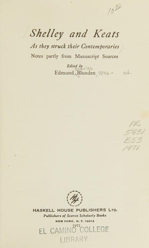 Shelley and Keats, as they struck their contemporaries