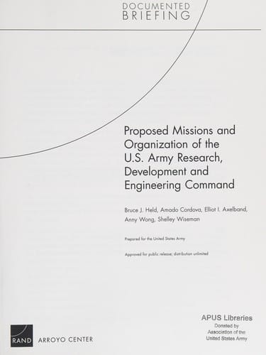 Proposed missions and organization of the U.S. Army Research, Development and Engineering Command
