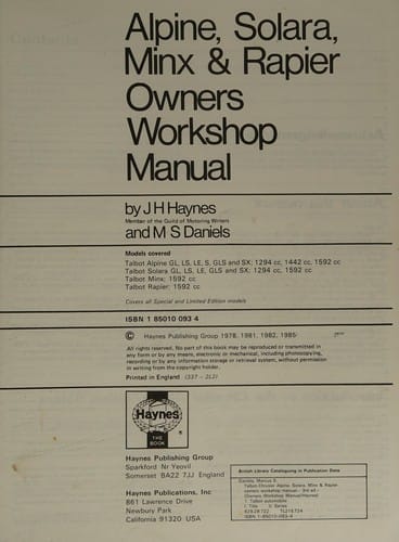 Talbot-Chrysler Alpine, Solara, Minx & Rapier owners workshop manual