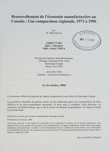 Renouvellement de l'économie manufacturière au Canada