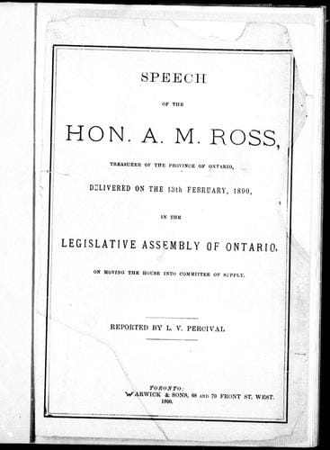 Speech of the Hon. A.M. Ross, treasurer of the province of Ontario