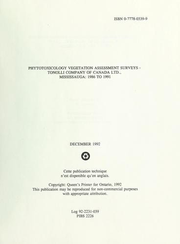 Phytotoxicology vegetation assessment surveys - Tonolli Company of Canada Ltd., Mississauga, 1986 to 1991