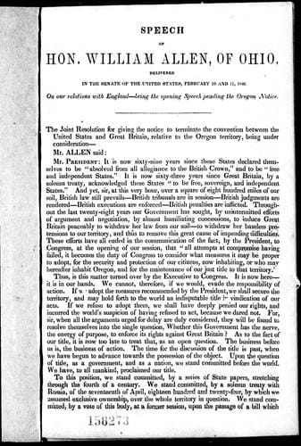 Speech of Hon. William Allen, of Ohio