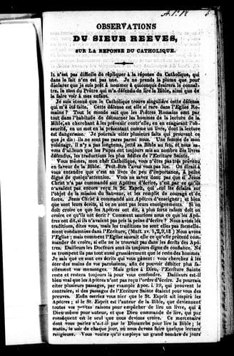 Observations du Sieur Reeves sur la réponse du Catholique