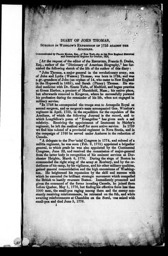 Diary of John Thomas, surgeon in Winslow's expedition of 1755 against the Acadians