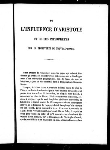 De l'influence d'Aristote et de ses interprètes sur la découverte du Nouveau Monde