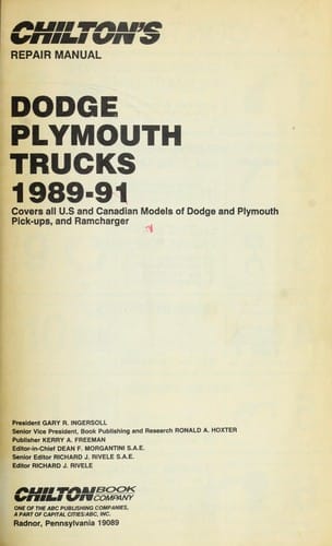 Chilton's repair manual. covers all U.S. and Canadian models of Dodge and Plymouhth pick-ups, and Ramcharger
