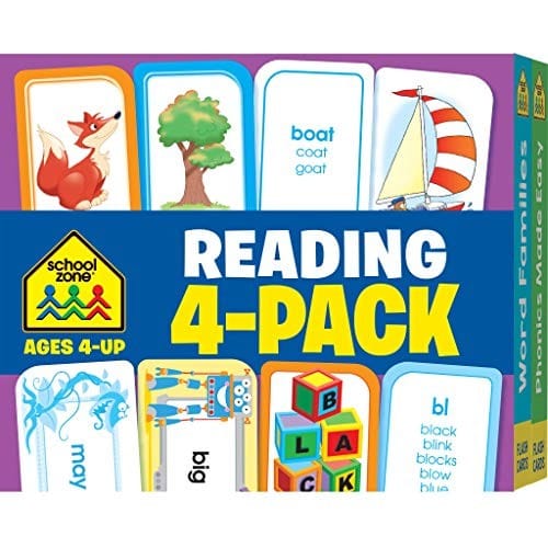 School Zone - Reading Flash Card 4-Pack - Ages 4 and Up, Short and Long Vowel Sounds, Combination Sounds, Rhyming, and More