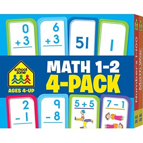 School Zone - Math 1-2 Flash Cards 4 Pack - Ages 4 and Up, 1st Grade, 2nd Grade, Addition, Subtraction, Numbers 1-100, and More